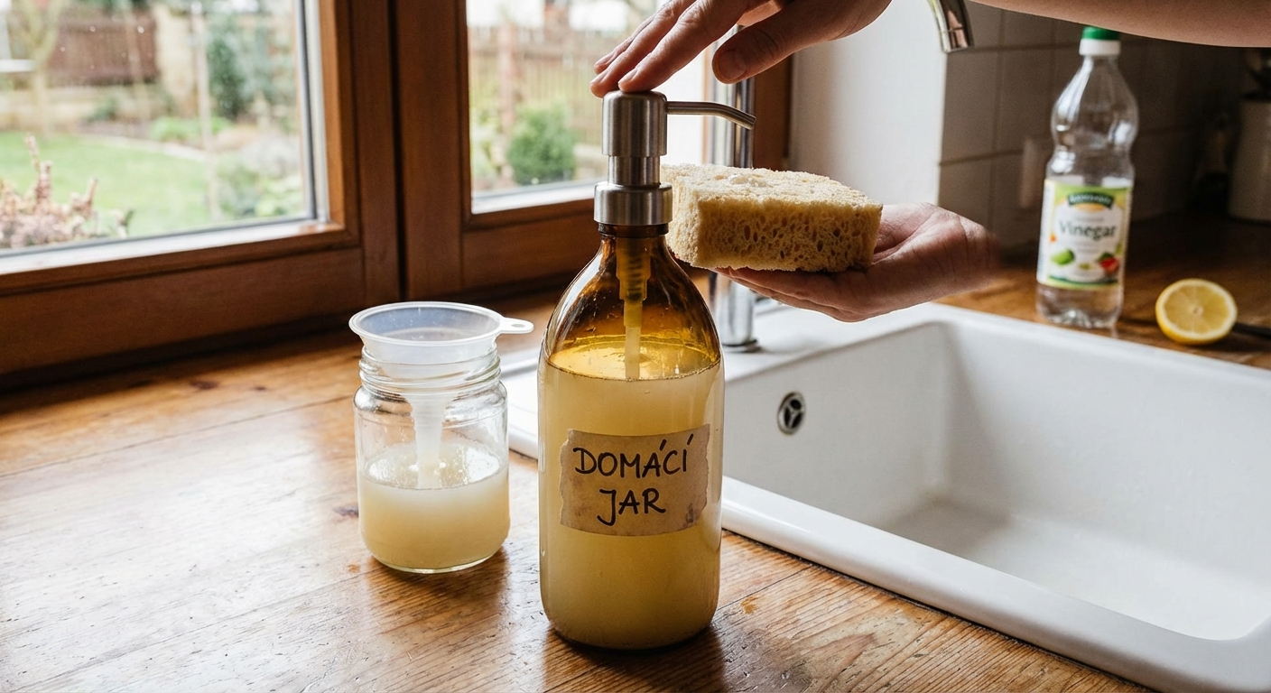 A person washing a plate with soap suds at a kitchen sink, emphasizing cleanliness.