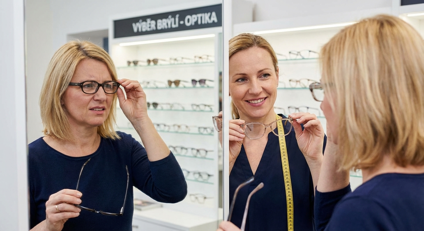 Side view of crop concentrated female customer putting on eyeglasses for improving eyesight while choosing rim in shop