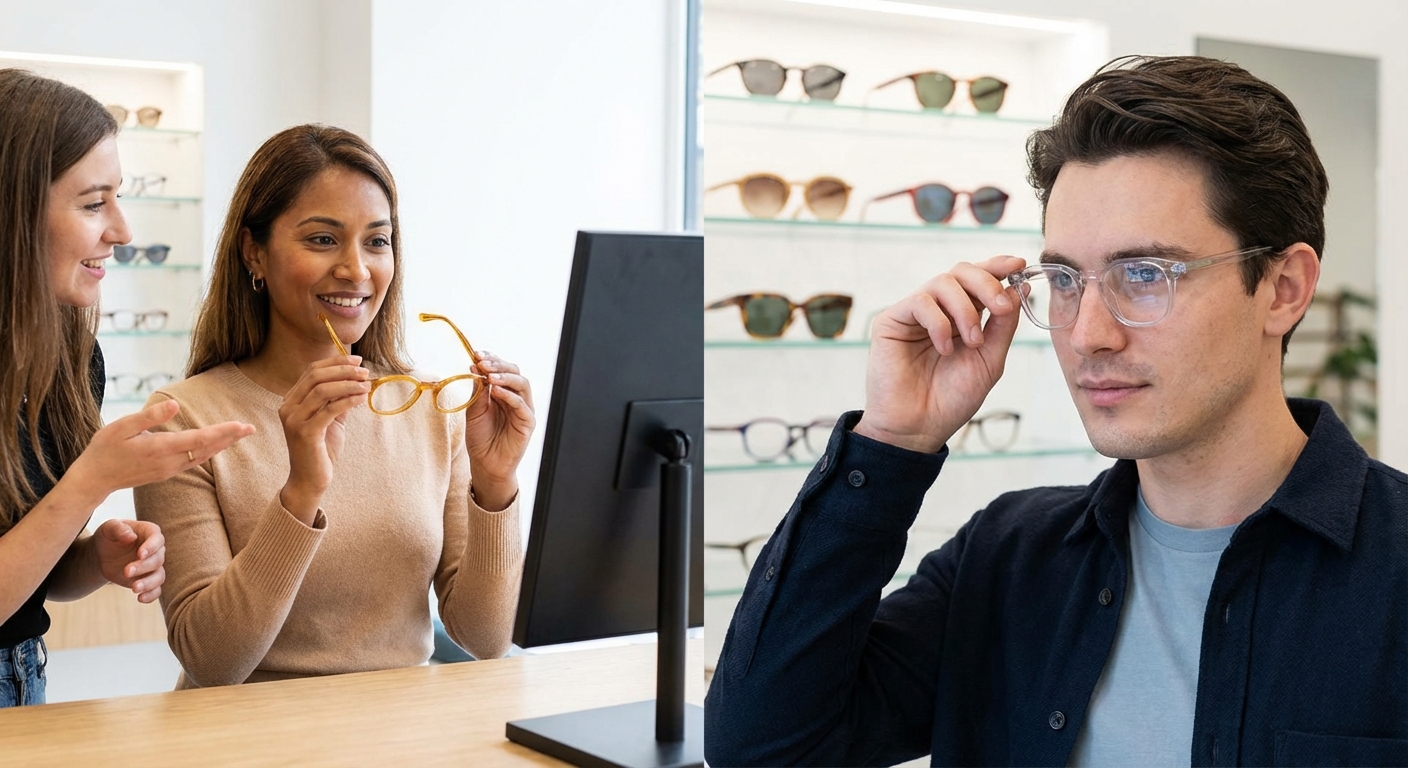 A smiling girl holding eyeglasses in an optician's store with a variety of frames displayed.