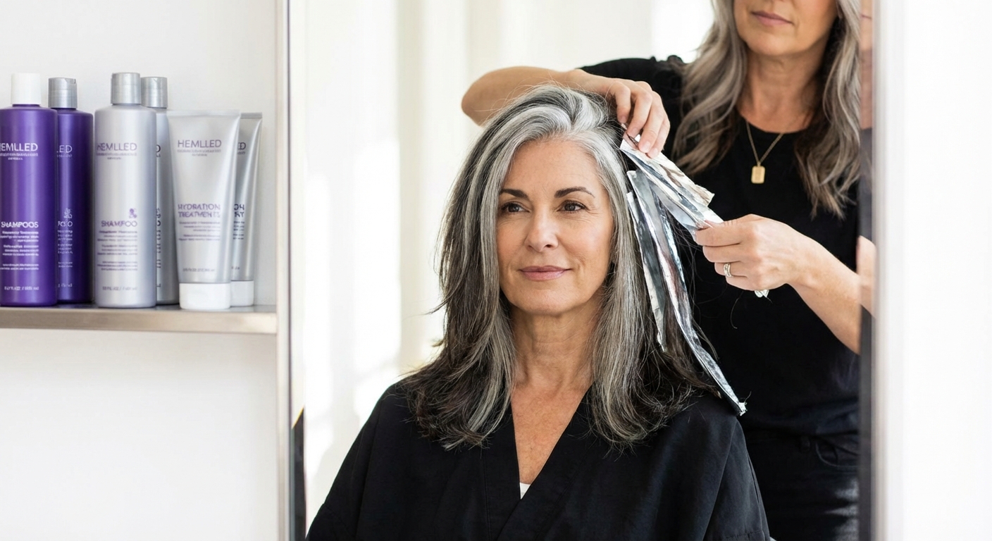 Close-up of a man's stylish hairstyle from the back against a grey background.