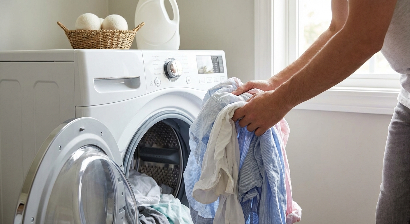 A woman loading laundry into a washing machine indoors, focusing on household chores.