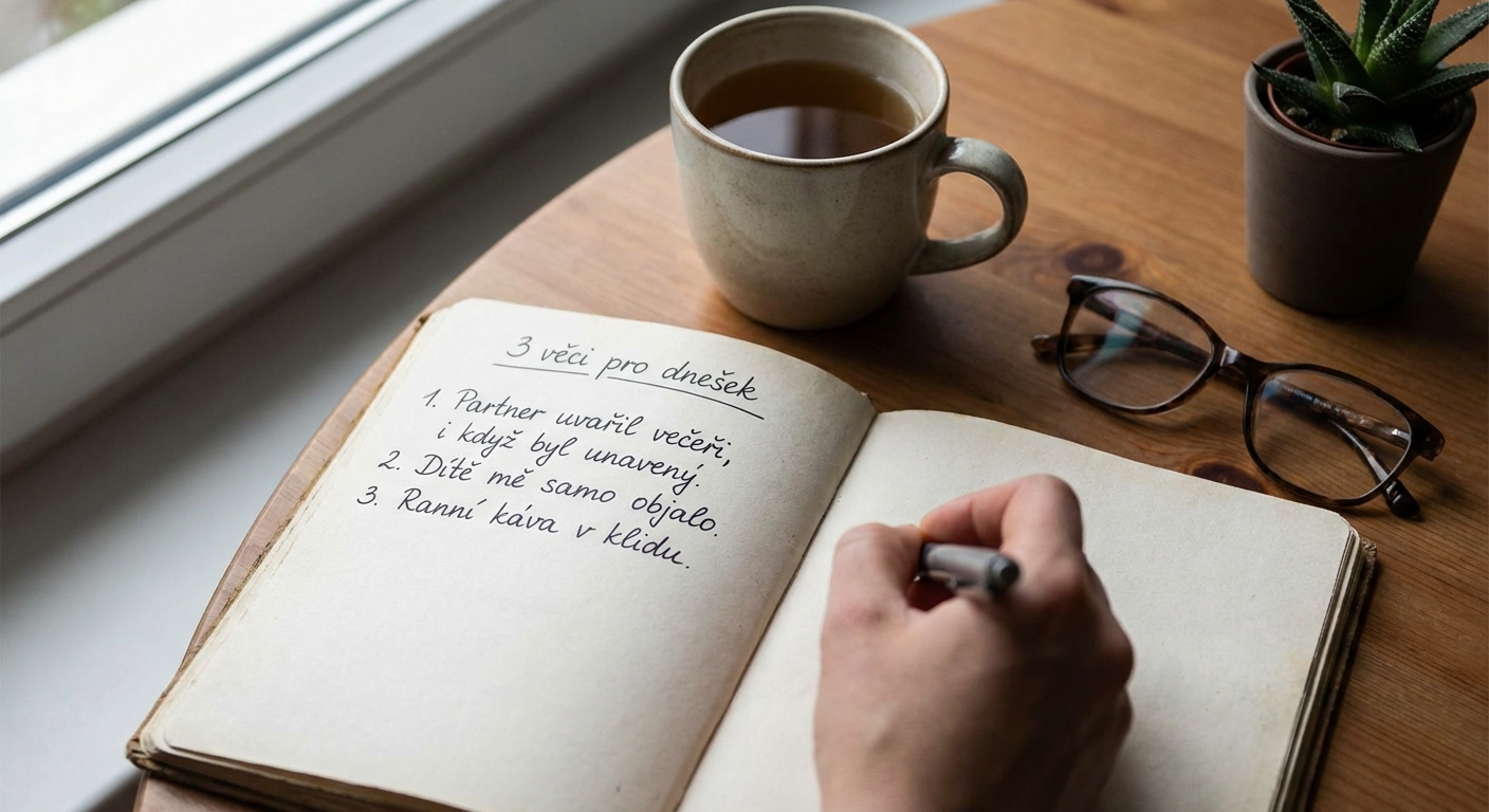 An adult woman in pajamas pens her thoughts in a diary while sitting in bed during the night.
