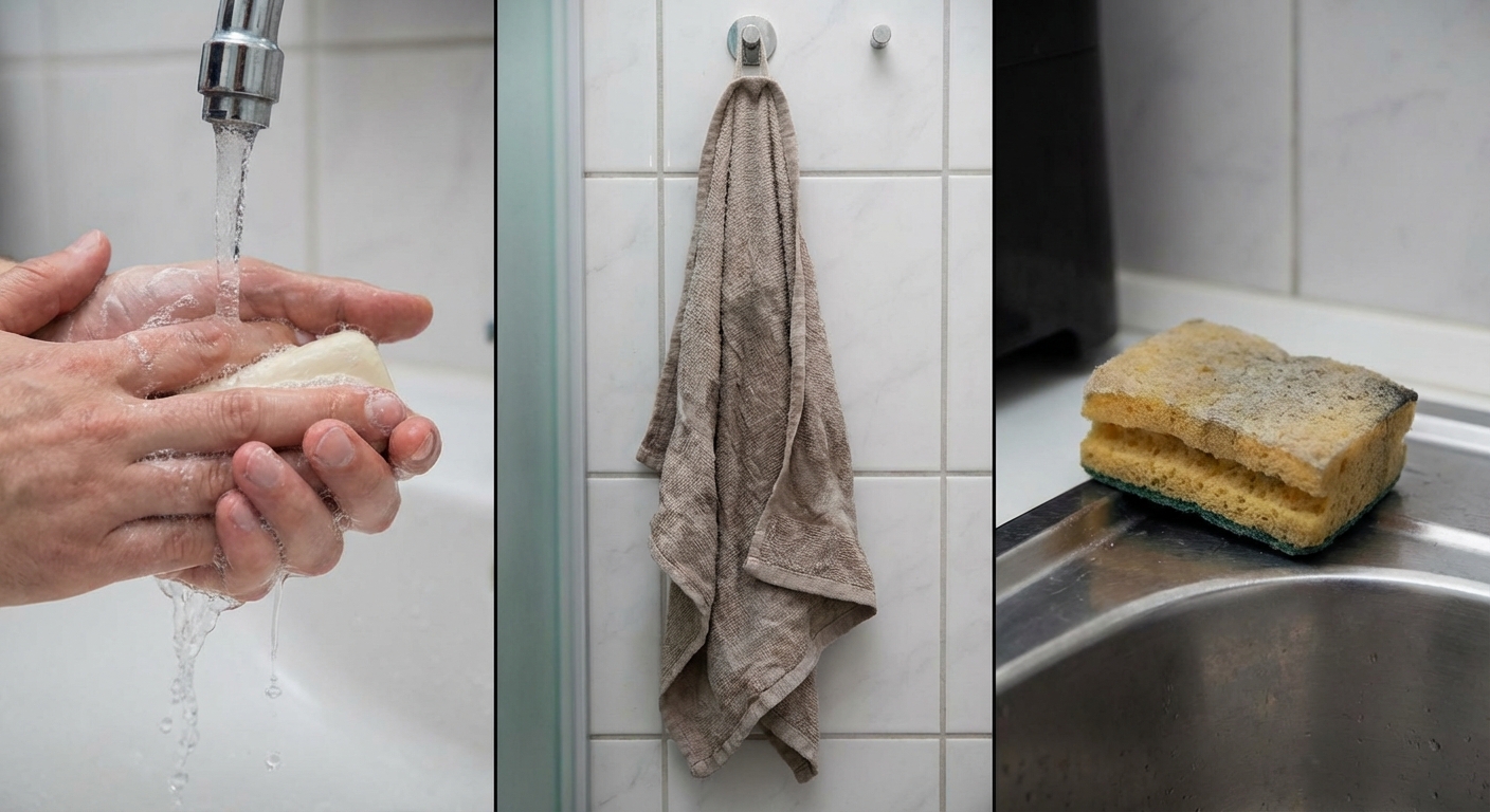A person sanitizing a bathroom sink with a spray bottle, ensuring hygiene.