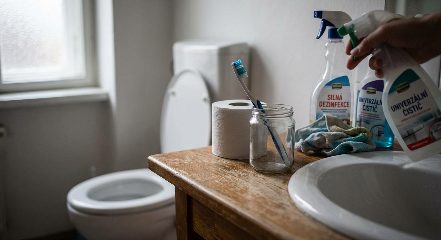 Hands in gloves disinfecting a remote control indoors. Pandemic hygiene concept.