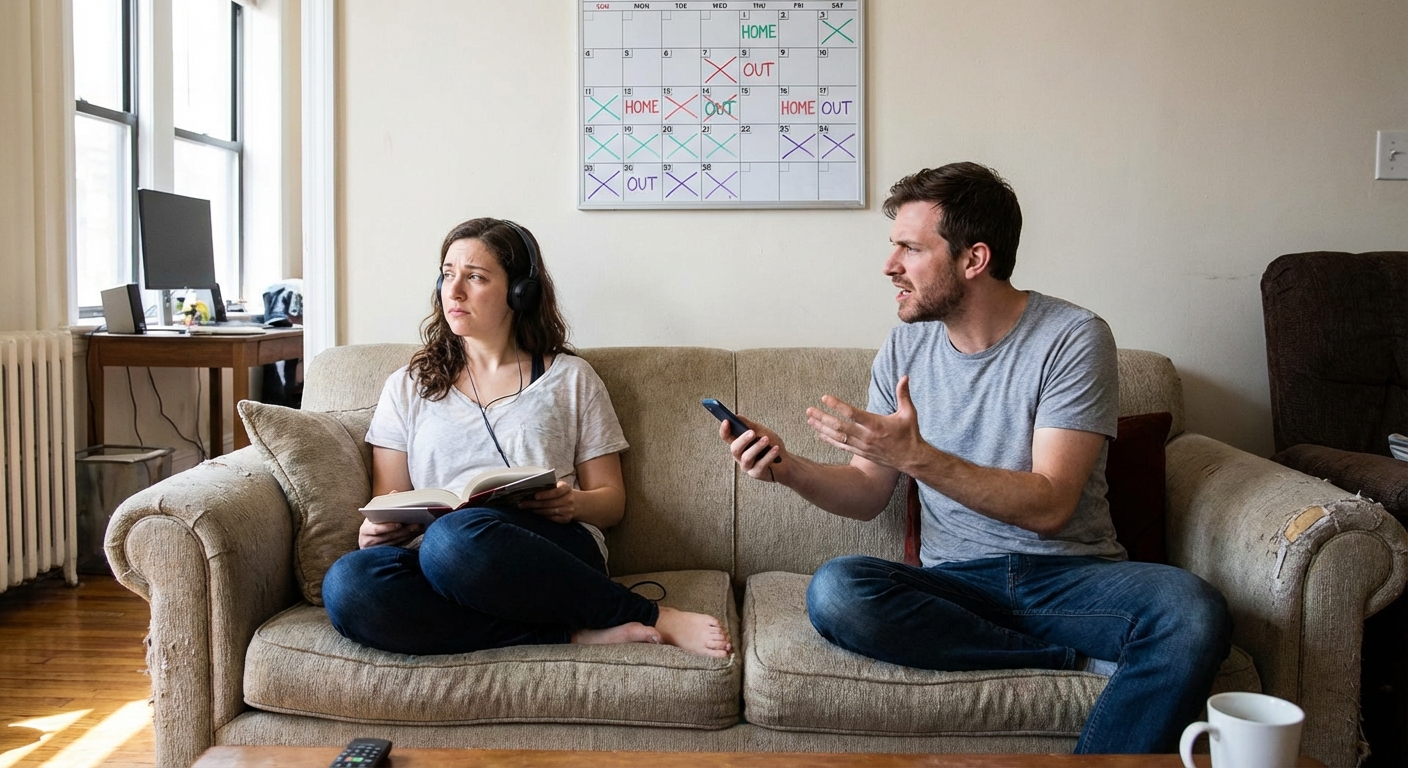 A couple bonding with their dog while using smartphones in a cozy bedroom setting.