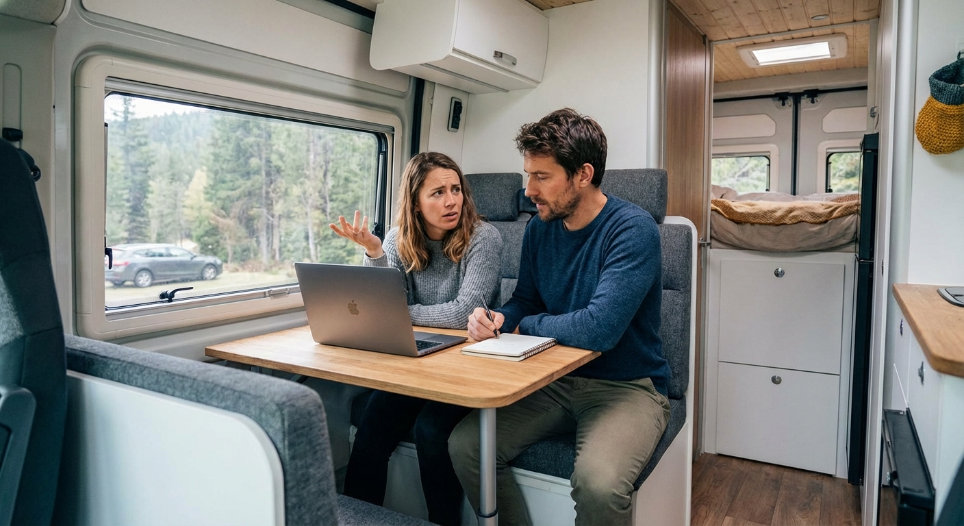 Couple using a smartphone and laptop inside a camper van, embracing the digital nomad lifestyle.