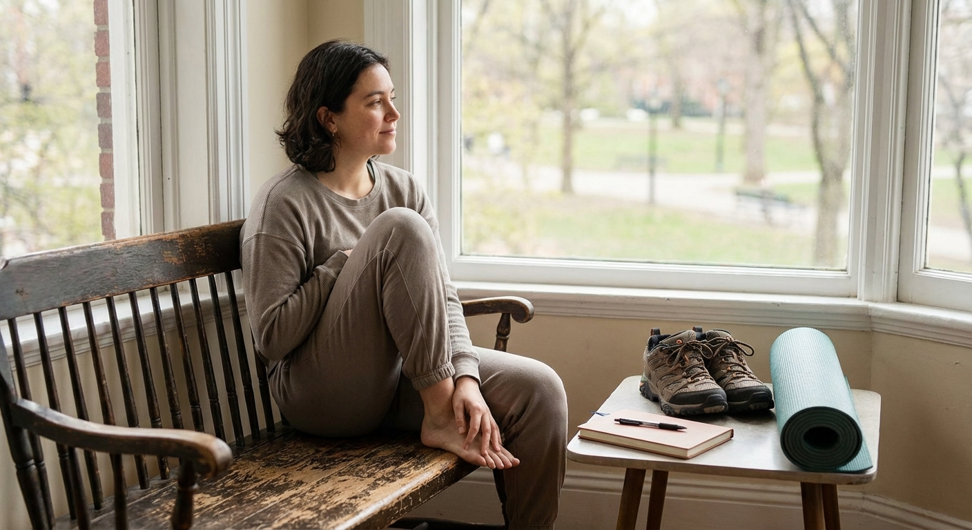 Solitary woman in pink knitted sweater on a tranquil beach setting.