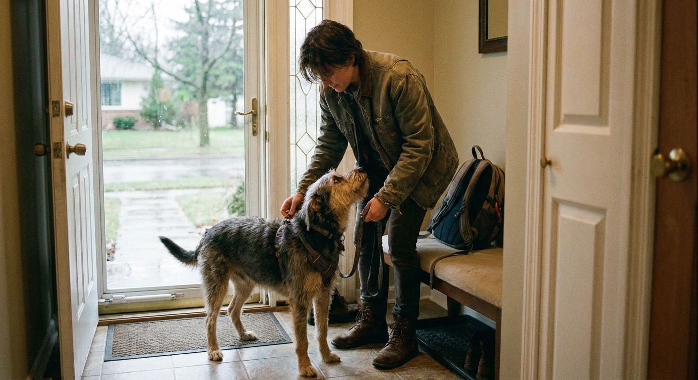 A focused close-up of a boxer dog against a blurred city background, highlighting its alert expression.