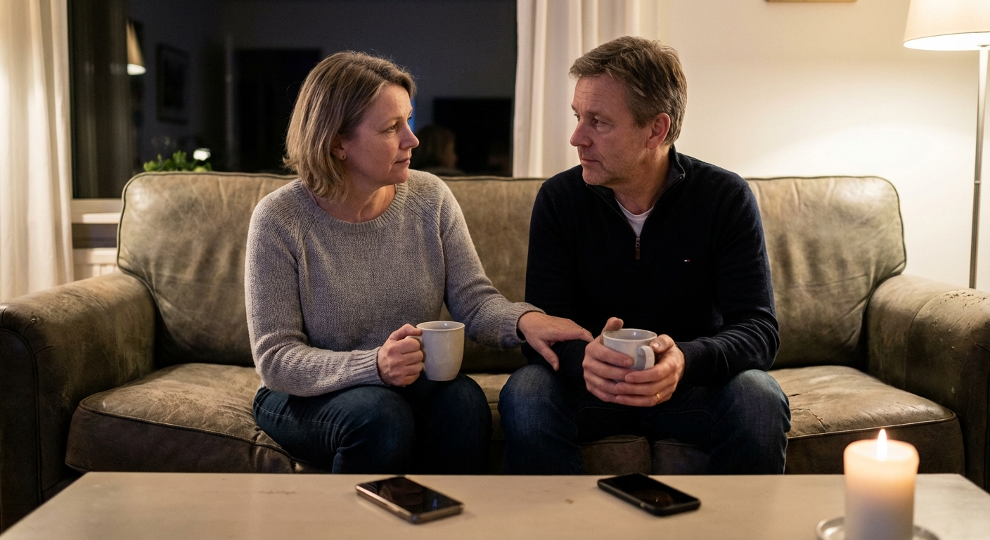 A couple sits on a sofa holding hands, showcasing intimacy and diversity indoors.