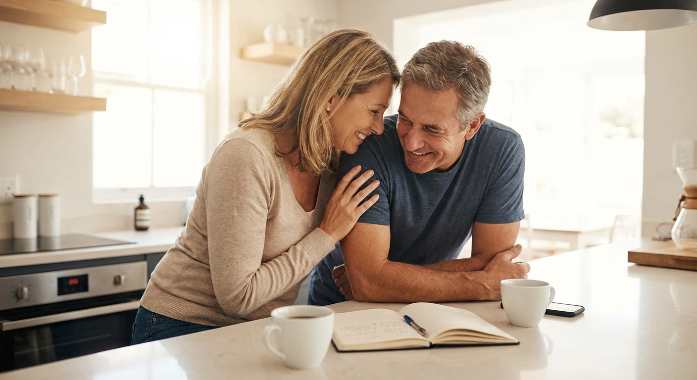 A couple sharing a heartfelt embrace in a modern living room, symbolizing love and companionship.