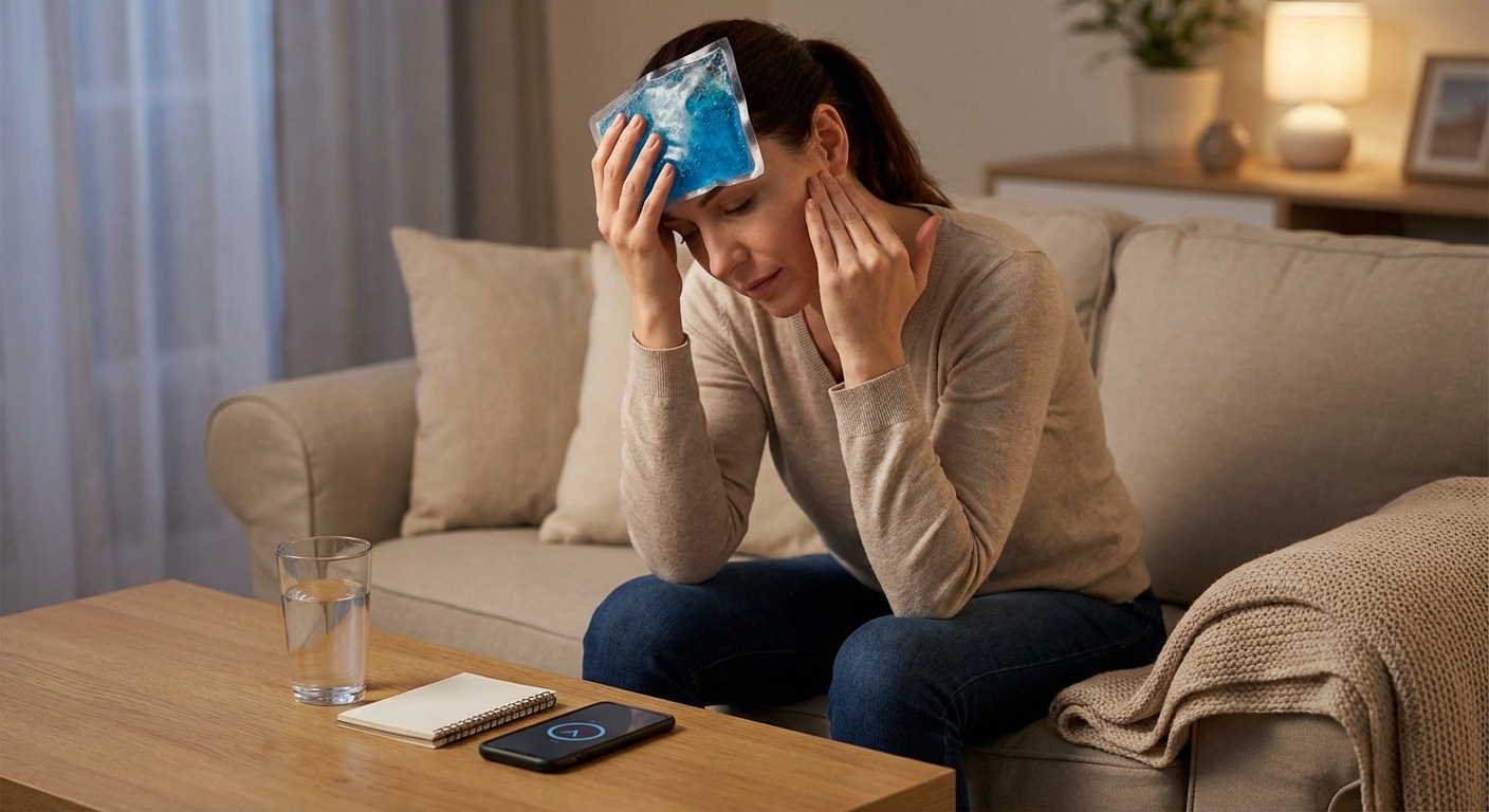 Close-up of hands using a spiky massage ball for therapy against a blue backdrop.