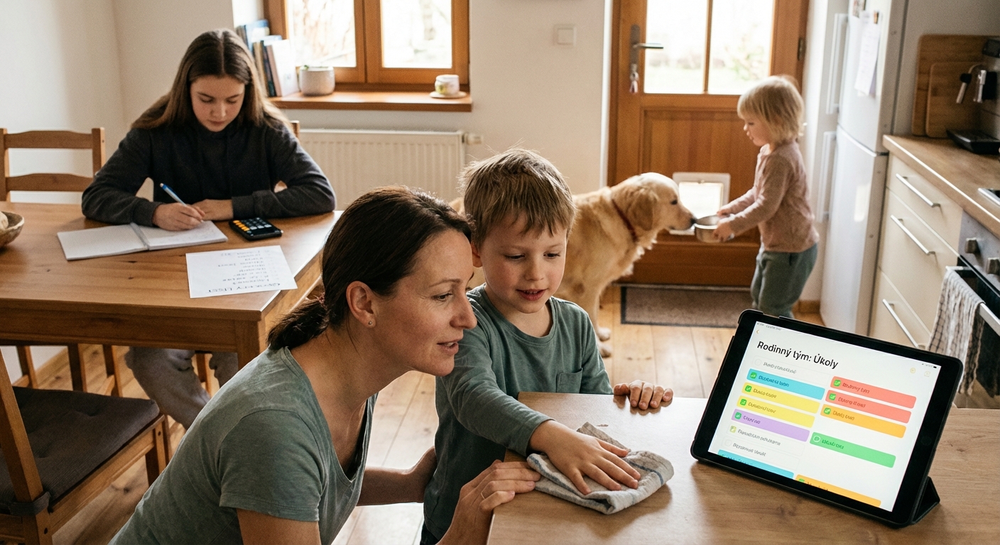 Back view of small kid helping grey haired father with beard cleaning in bathroom