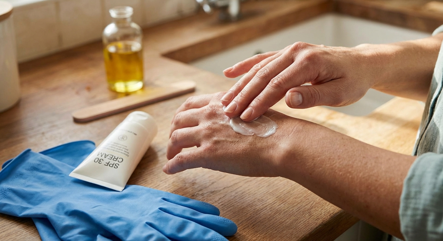 Close-up of hands applying skincare cream on arm, promoting beauty and wellness.