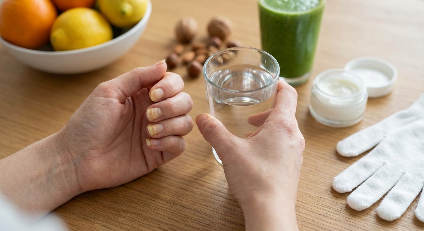A woman using lip balm from a small container to moisturize. Close-up view of manicured hands.