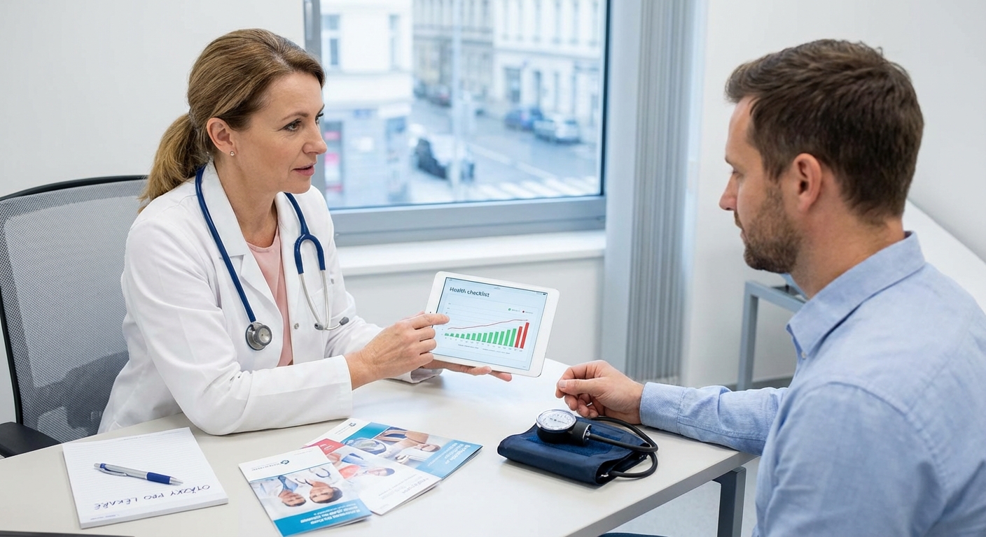 Patient undergoing a cardiac stress test in a medical clinic with a healthcare team.