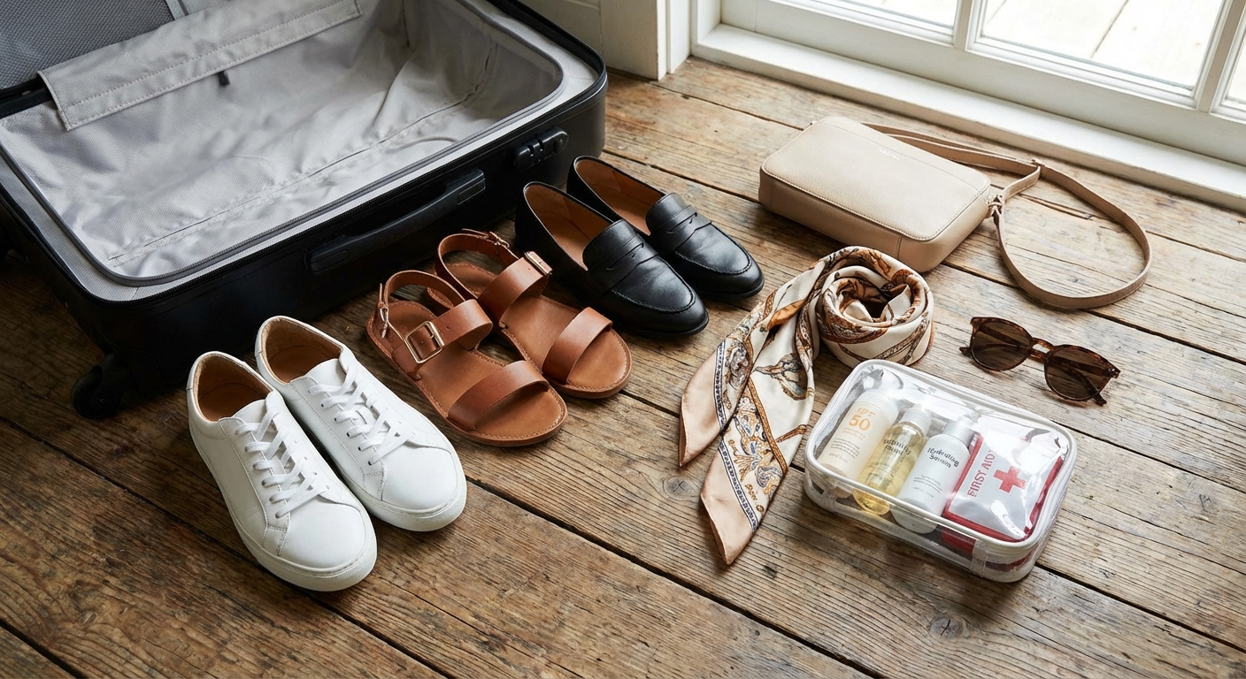 Open suitcase neatly packed with colorful clothes and travel essentials.