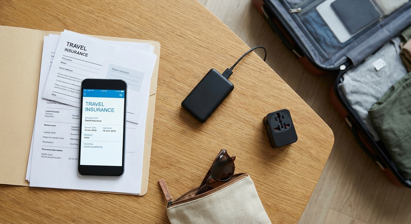 Traveler organizing essentials including a camera and packing cubes on a hotel bed.
