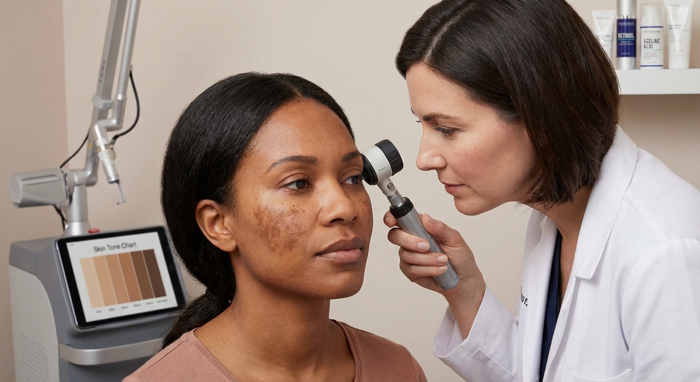 Close-up of a woman receiving a laser skin treatment in a clinic.