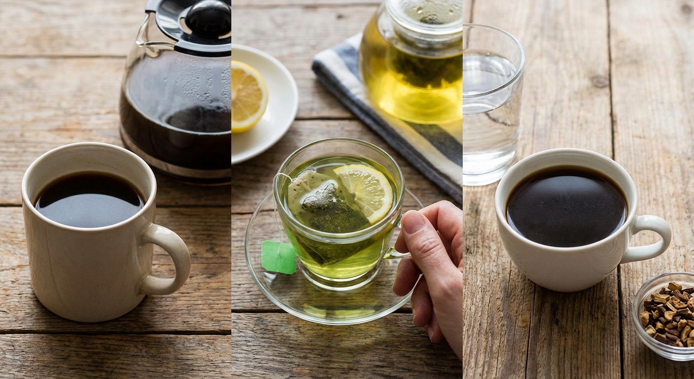 Overhead angle of pour over coffee with fresh grounds and hot water in a glass carafe.
