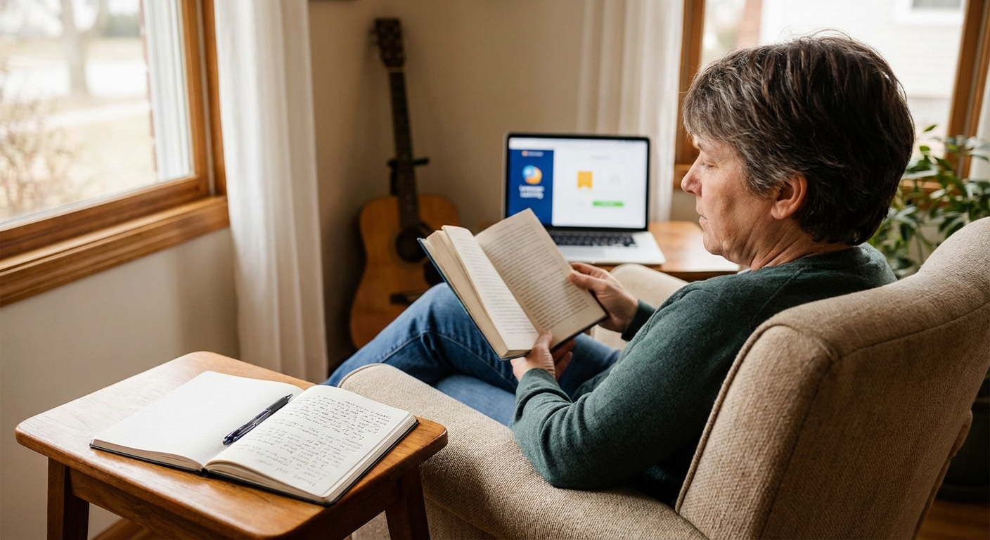 Top view of hands solving metal puzzle, surrounded by wooden brain teasers on a table.