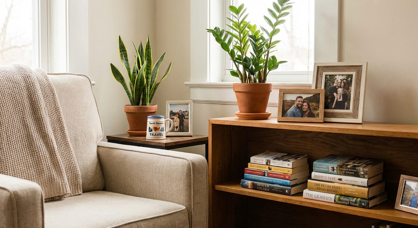 A man organizes items in a stylish kitchen with green cabinets and home decor.