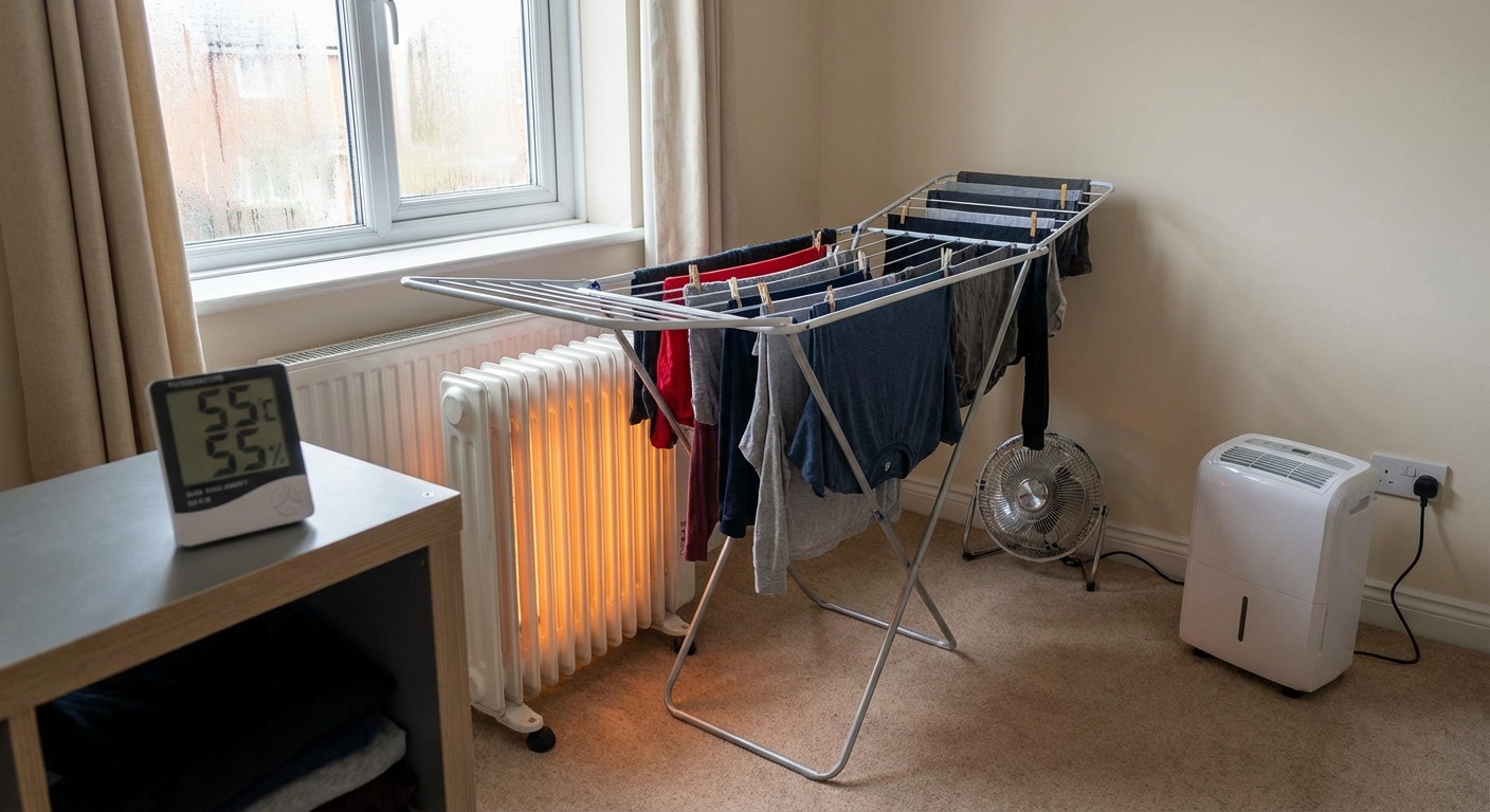 Colorful row of vintage laundry machines with hangers in a laundromat.