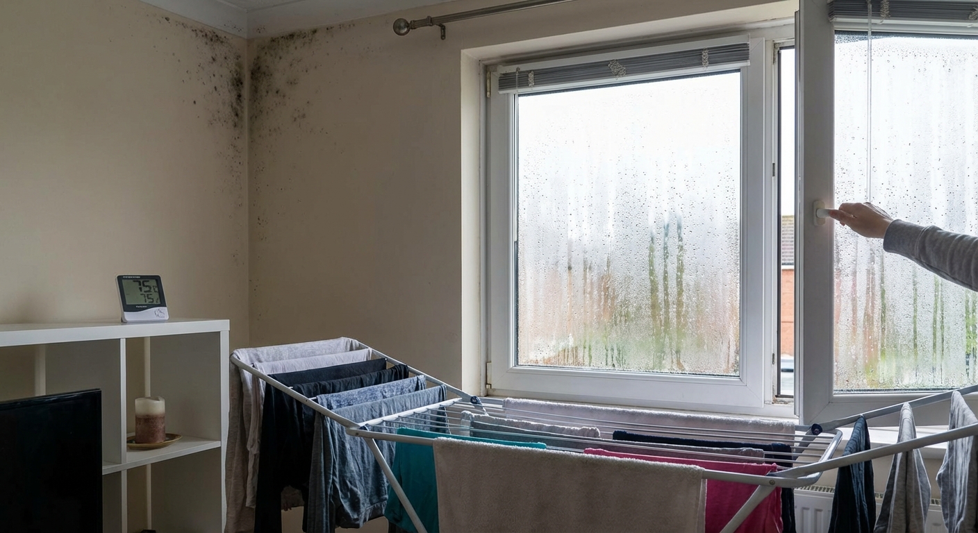 A close-up of a person hanging laundry on an indoor drying rack, highlighting domestic life.