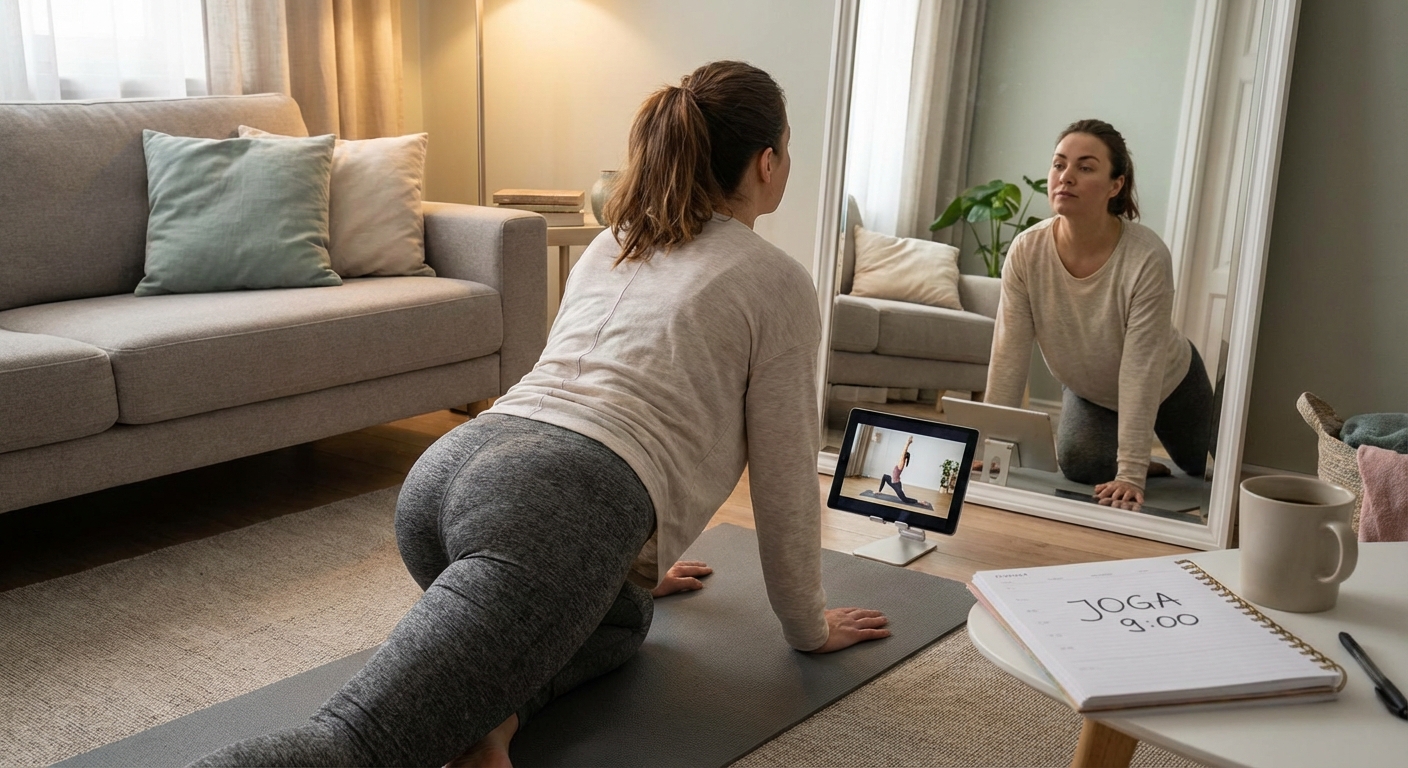 Woman performs yoga pose on a mat in bright, peaceful indoor setting.