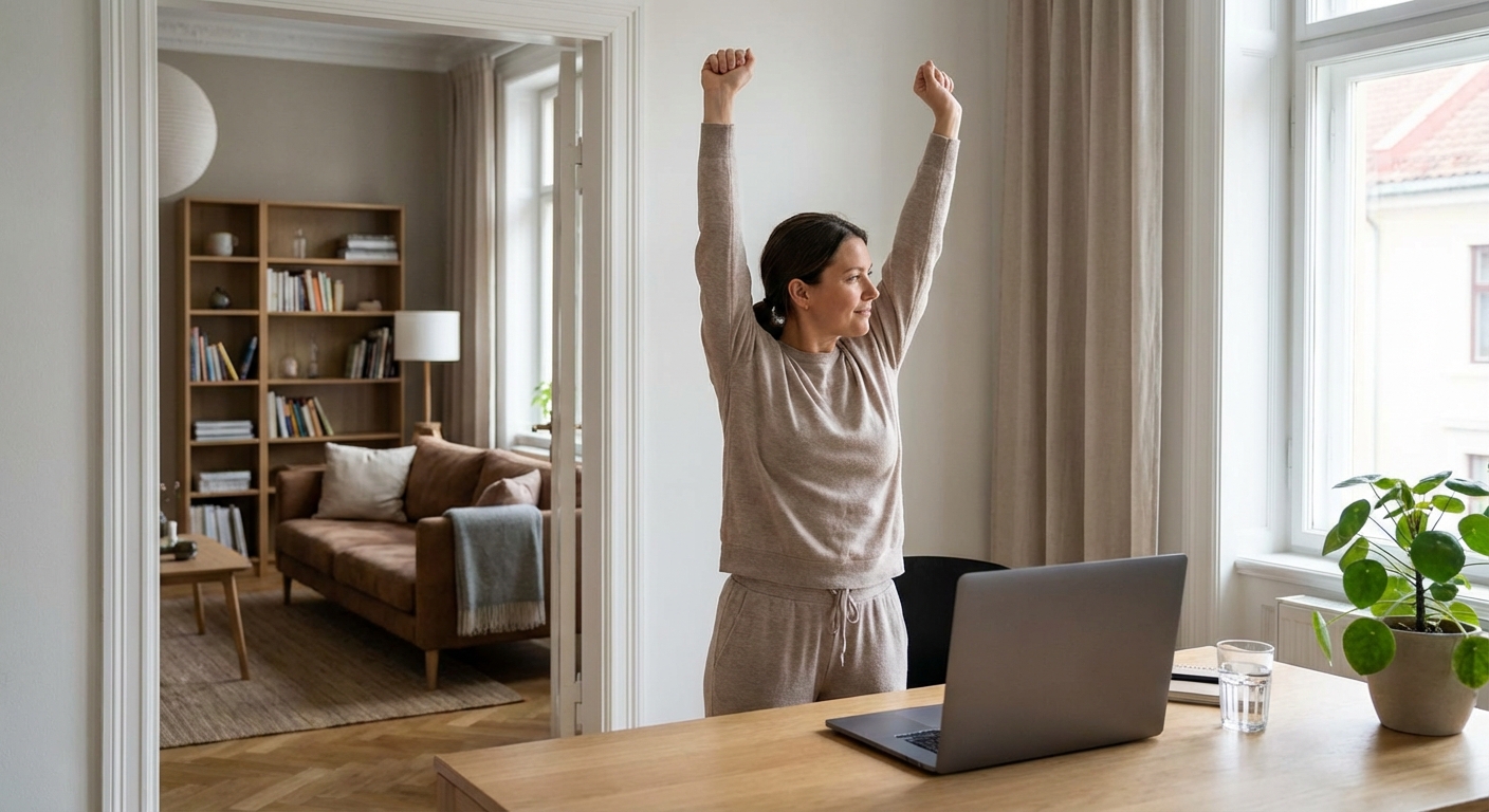 Close-up of a man organizing a desk, handling a charger next to a laptop, wire basket, and notebooks.