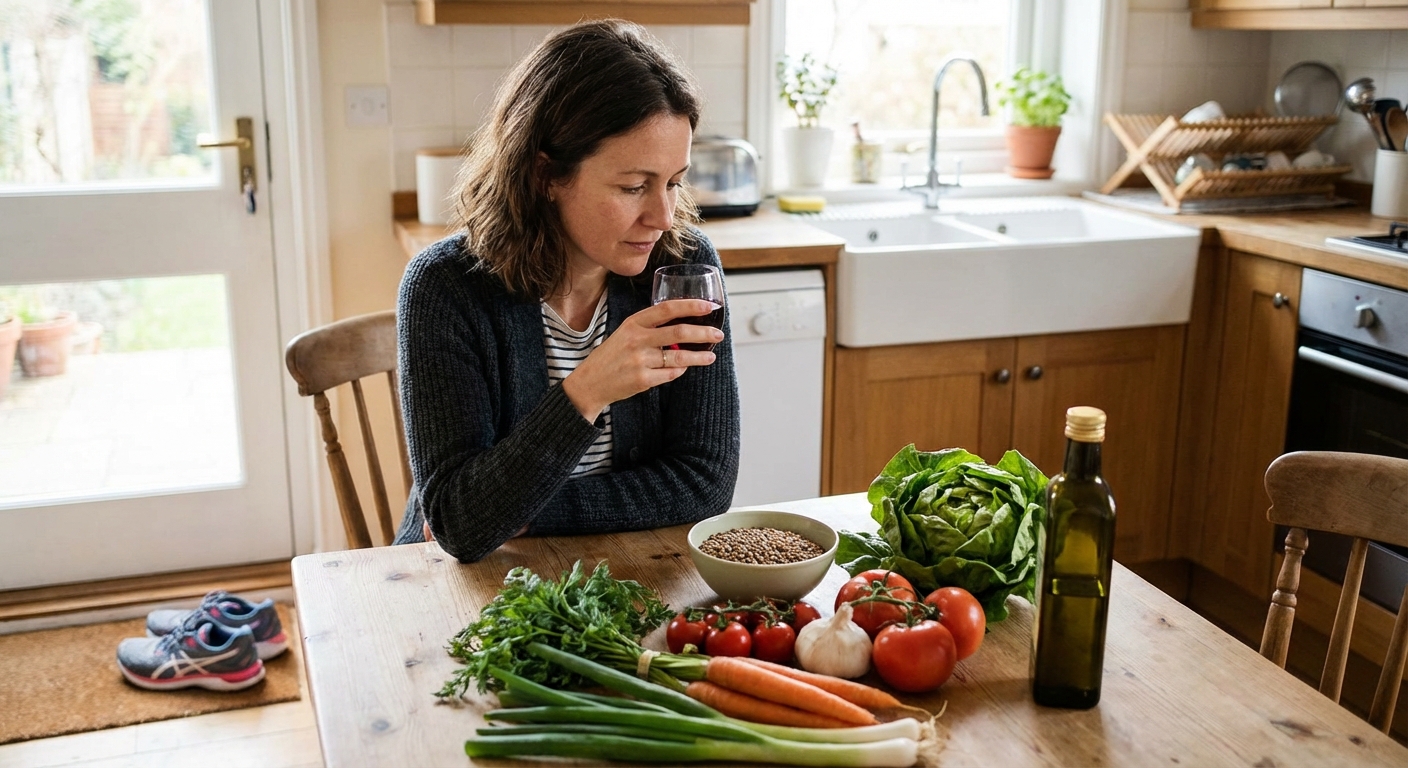 A romantic flat lay of wine bottle, glasses, and red hearts on a wooden surface with burlap.