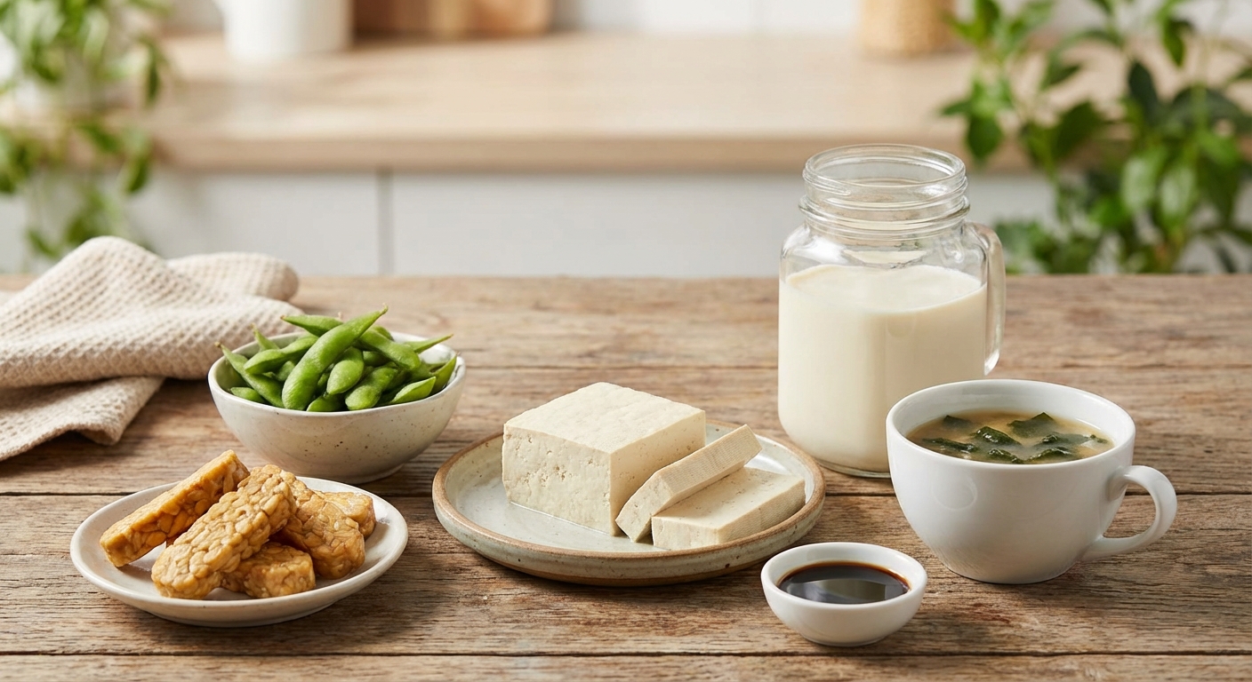 Top view of tofu cubes, soybeans, and soy milk on a white background – perfect for vegan food themes.