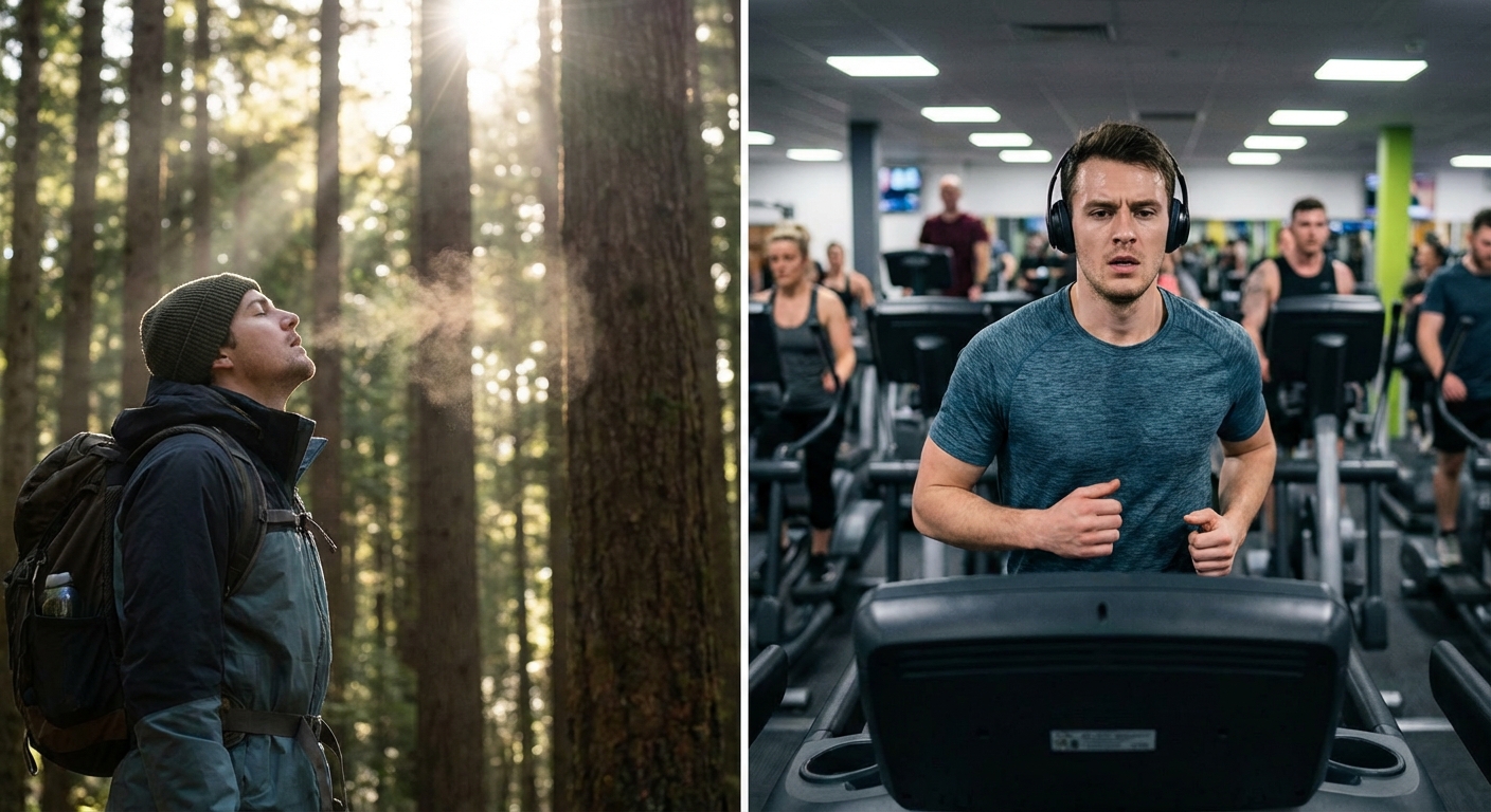 A winding dirt road through a tranquil evergreen forest in summer.