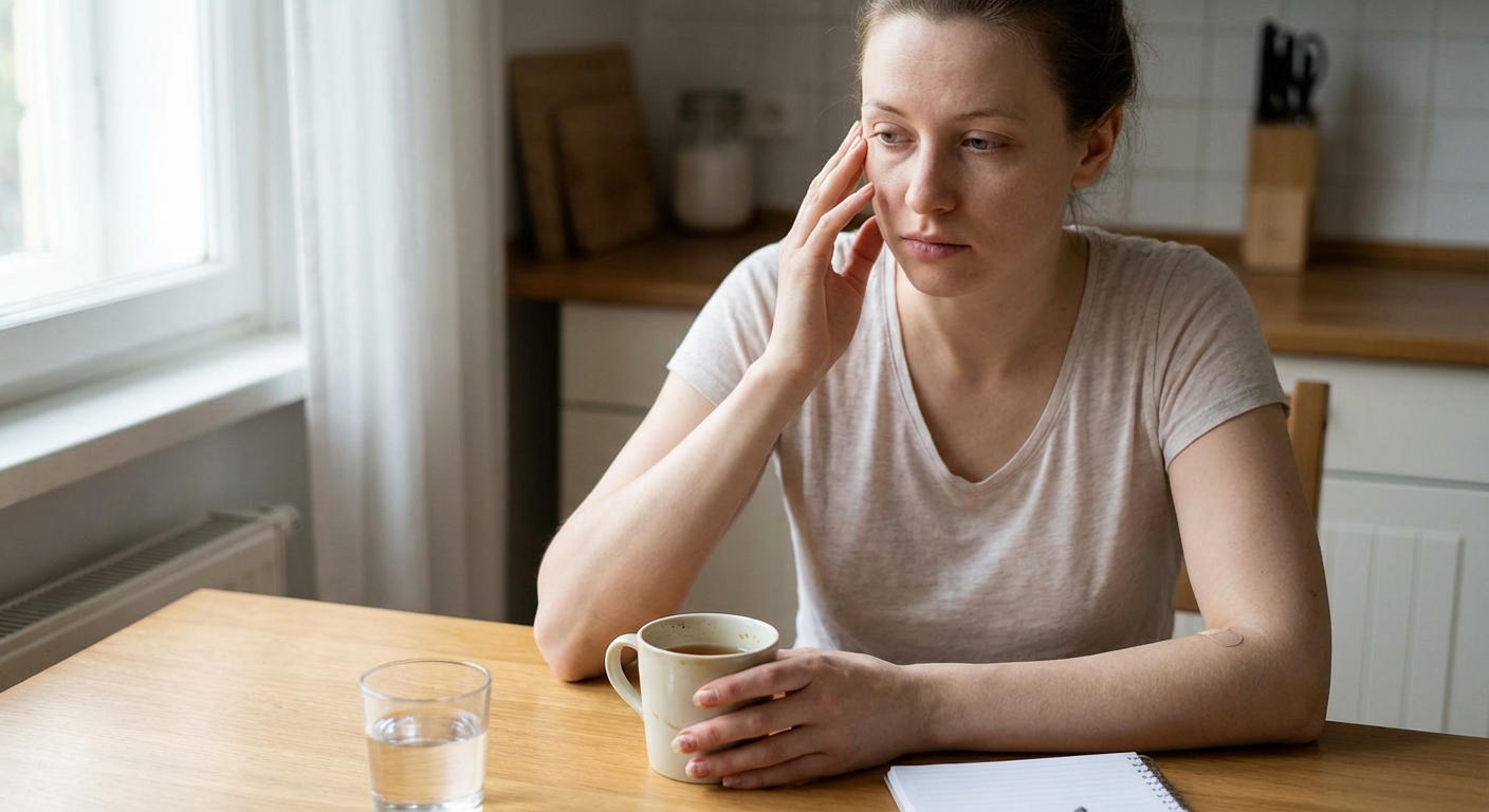 A conceptual image depicting burnout using pills and scrabble tiles on a black surface.