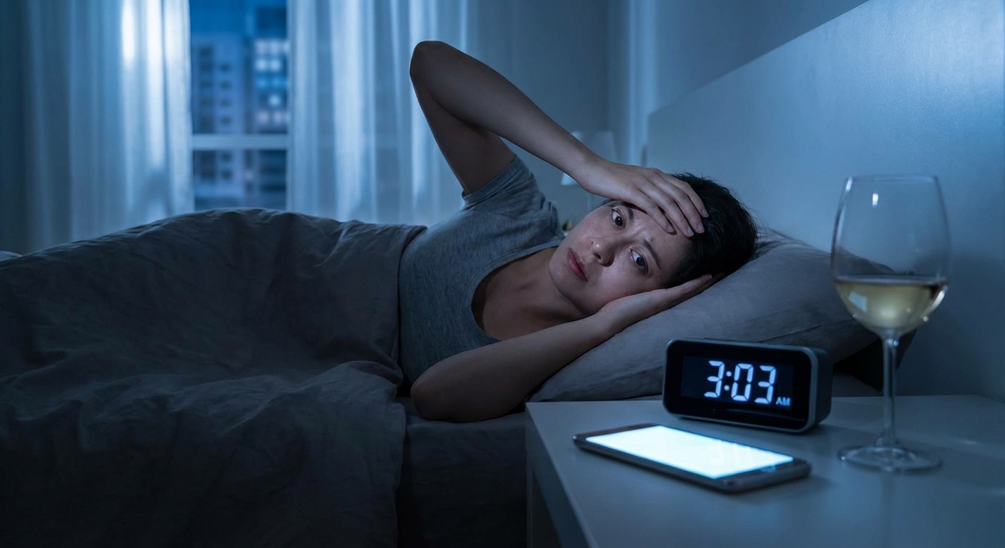 A restless man lying awake on his bed in a dimly lit bedroom at night.