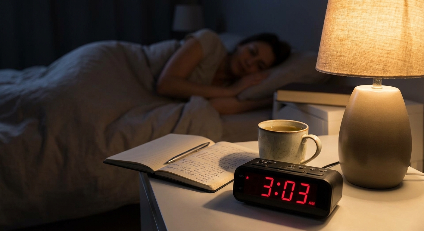 An Asian woman in bed at night, experiencing insomnia and loneliness, deep in thought.