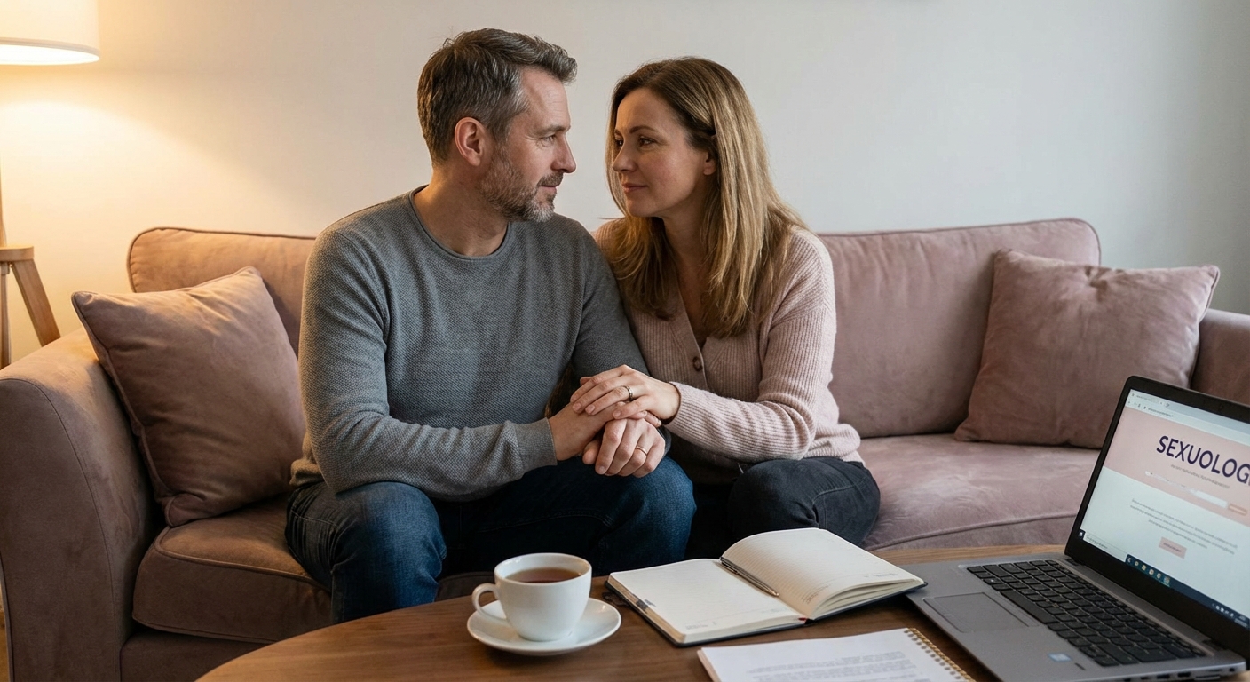 Exhausted woman calming down after argument with husband by putting fingers on temples and man sitting and looking down
