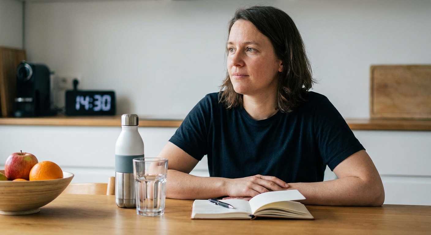 A glass of clear water on a wooden table with the text 'HEY DRINK WATER MORE'.
