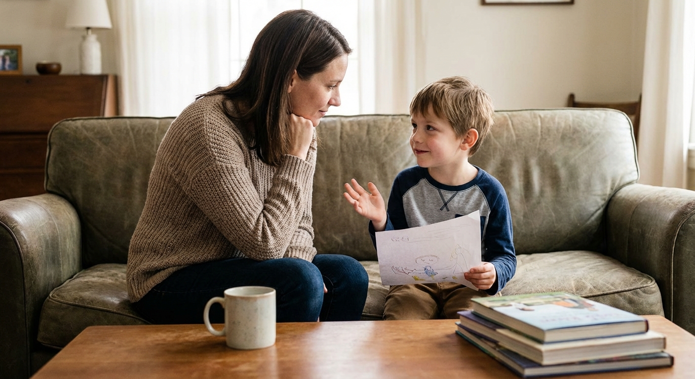 A sad boy leans on a chair in a library, highlighting themes of bullying and loneliness.