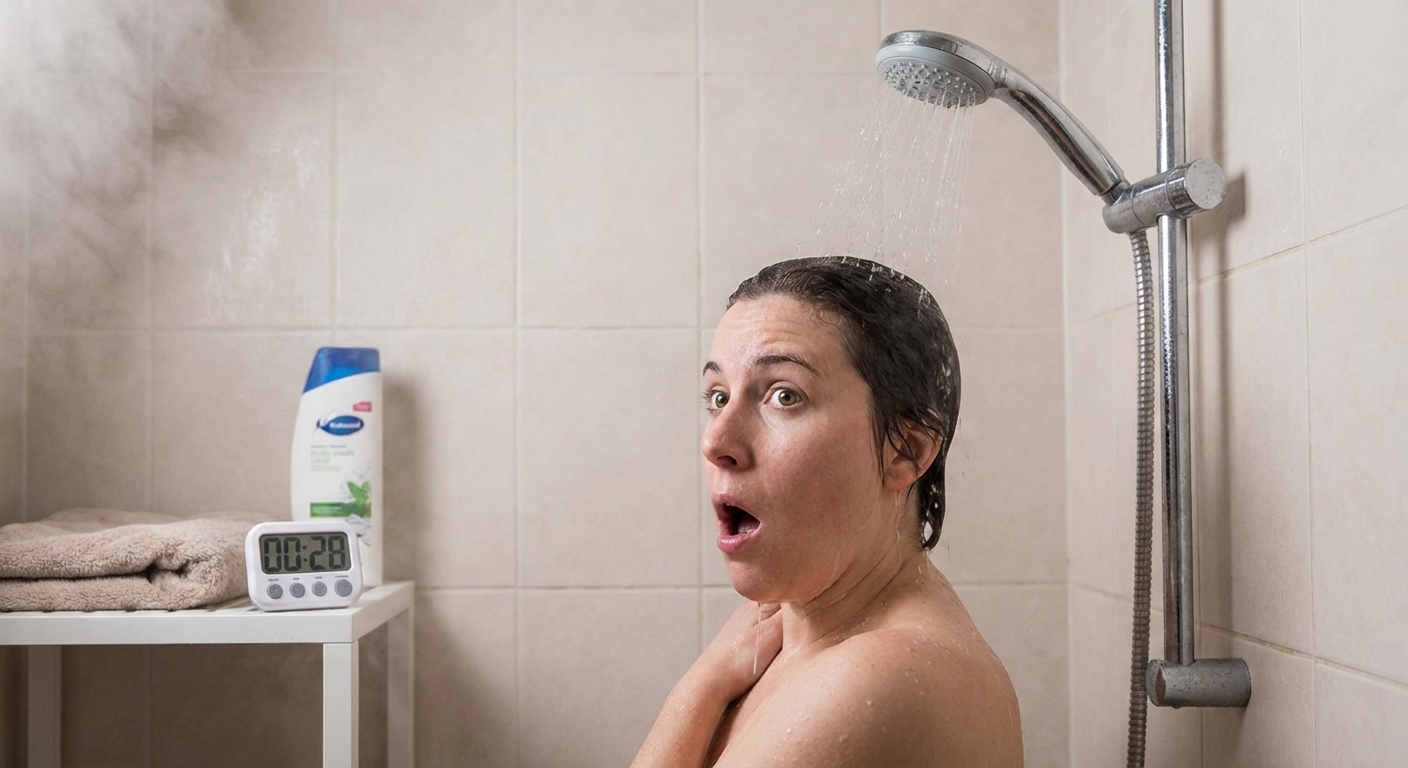 A woman using a showerhead and scrub in a relaxing bath for skin care.