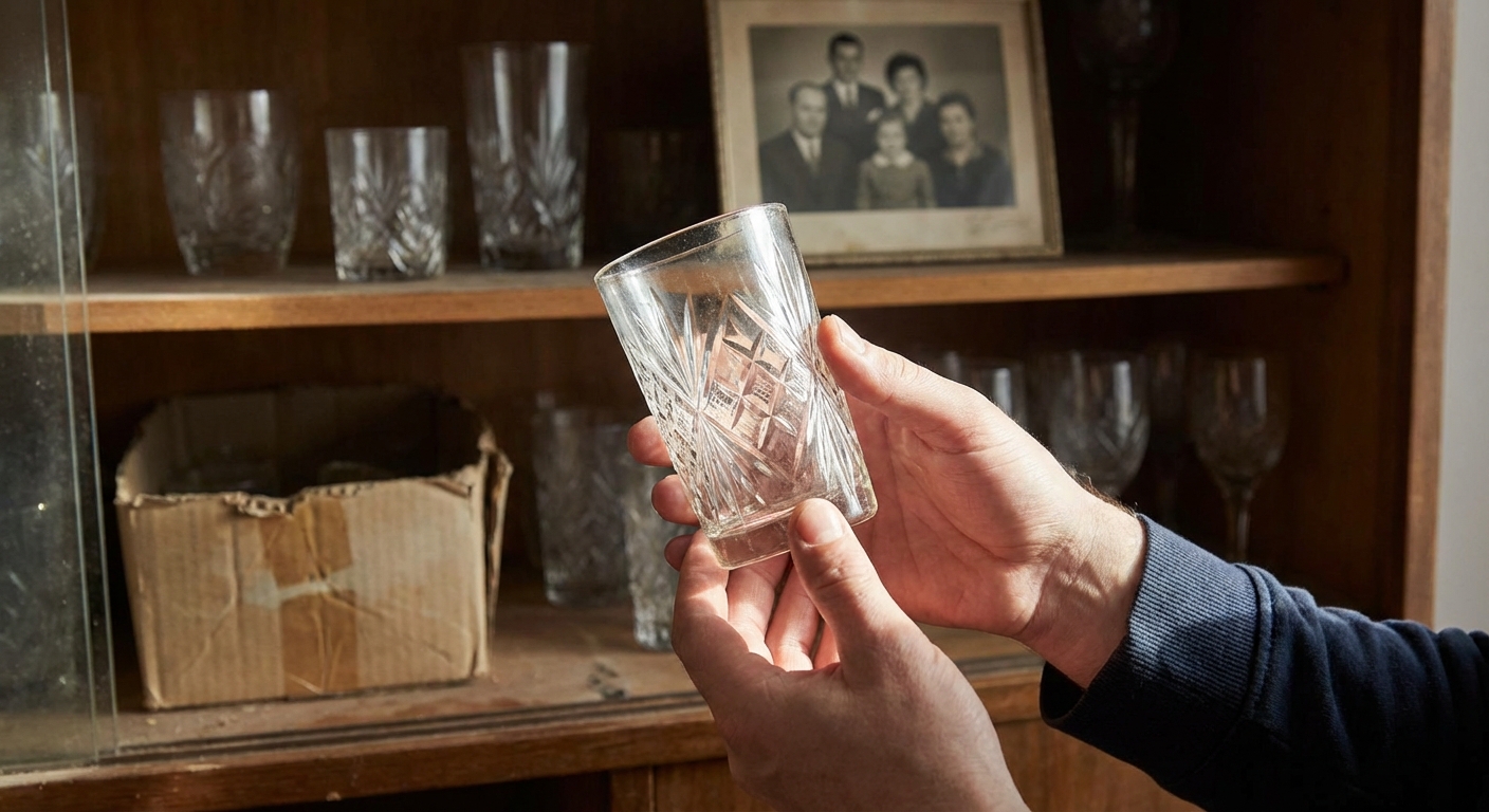 Upside-down wine glasses on a wooden shelf against a vintage floral wallpaper backdrop.