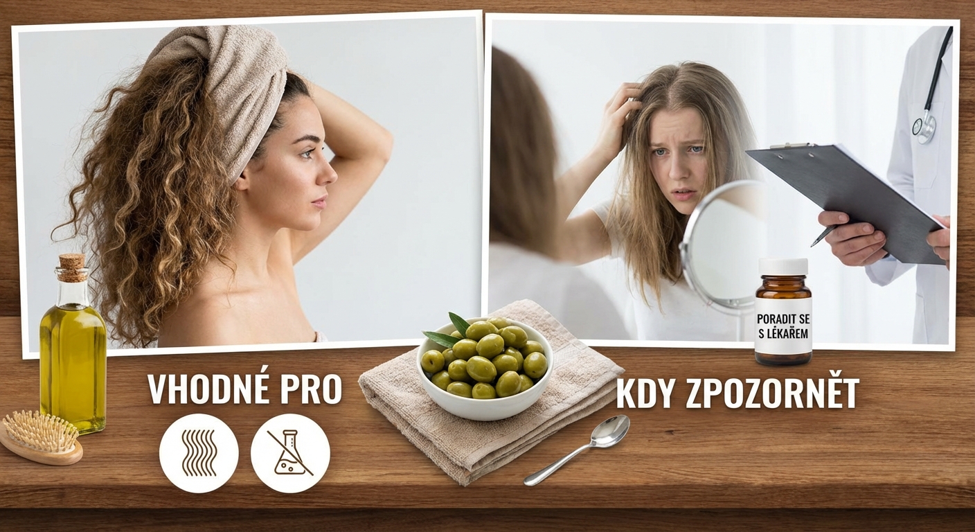 Woman in a bathrobe applying hair oil beside a mirror on a blue background.