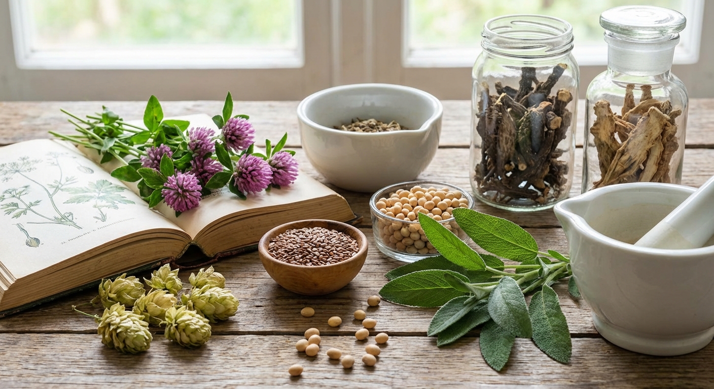 Close-up of dried herbs and floral elements with wooden spoon.