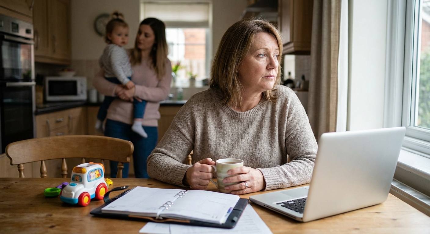 A father multitasks with a baby while working on his laptop in a cozy kitchen setting.