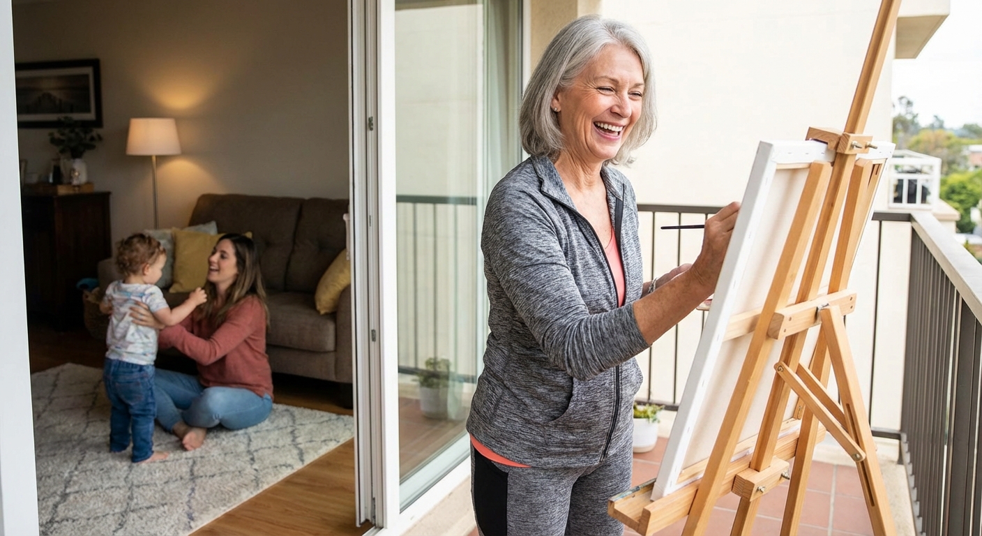 A father multitasks by holding his baby while talking on the phone in a cozy home kitchen.