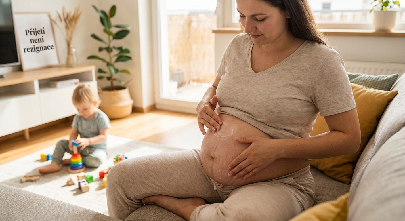 A detailed close-up showing a woman's hands holding her skin, focusing on stretch marks.