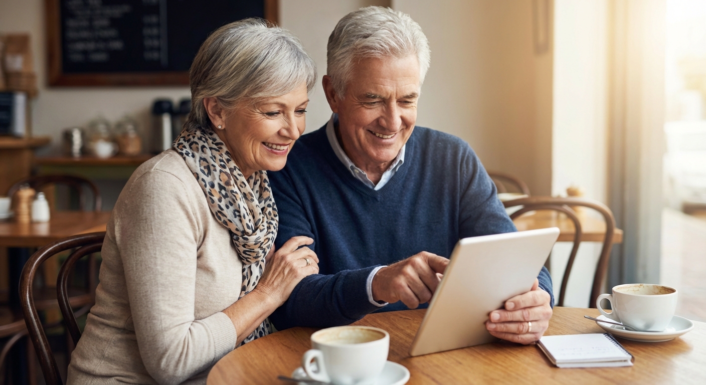 An elderly couple enjoys a scenic view of the Seine River in Paris, France.
