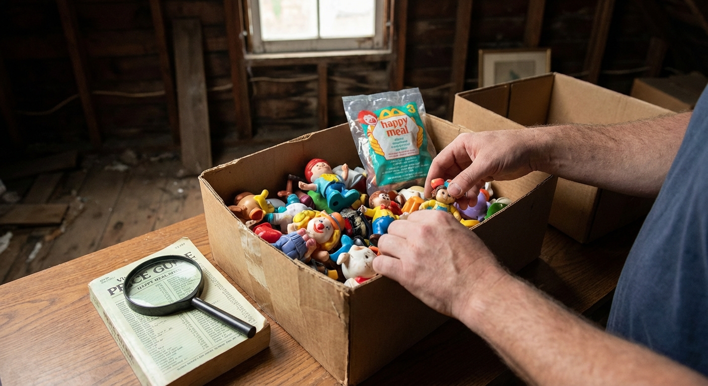 Close-up of vintage toy figurines on a wooden shelf inside a glass display case.