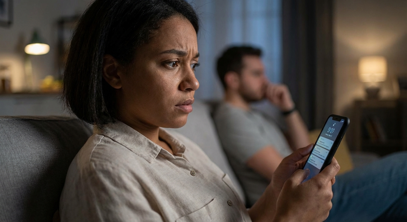 A thoughtful couple facing relationship issues in a bedroom setting.