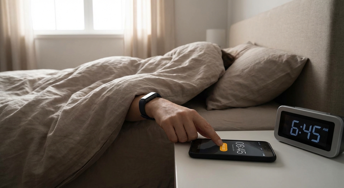 A hand reaches out to turn off an analogue alarm clock in the early morning.