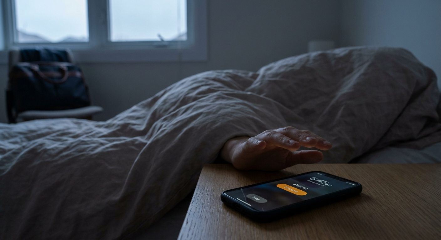 Woman in a cozy robe reaching for alarm clock in bedroom, waking up refreshed.